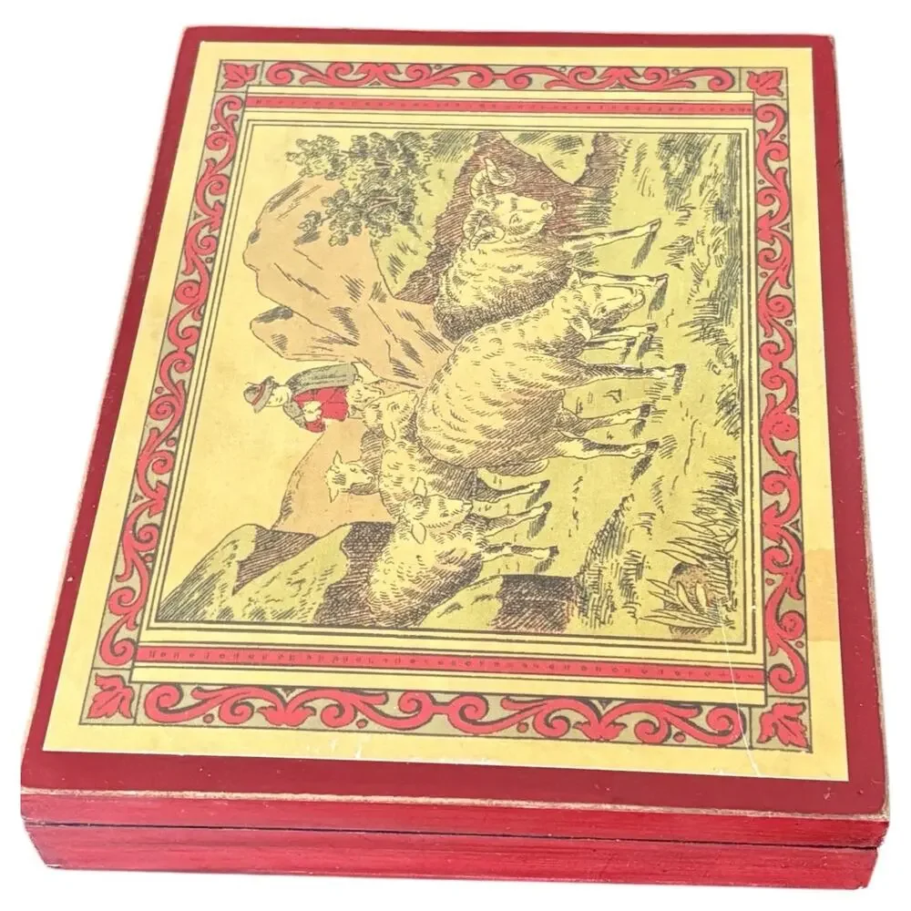 German Folk Art Wooden Box Alpine Shepherd Sheep Putz Style Trinket Decor